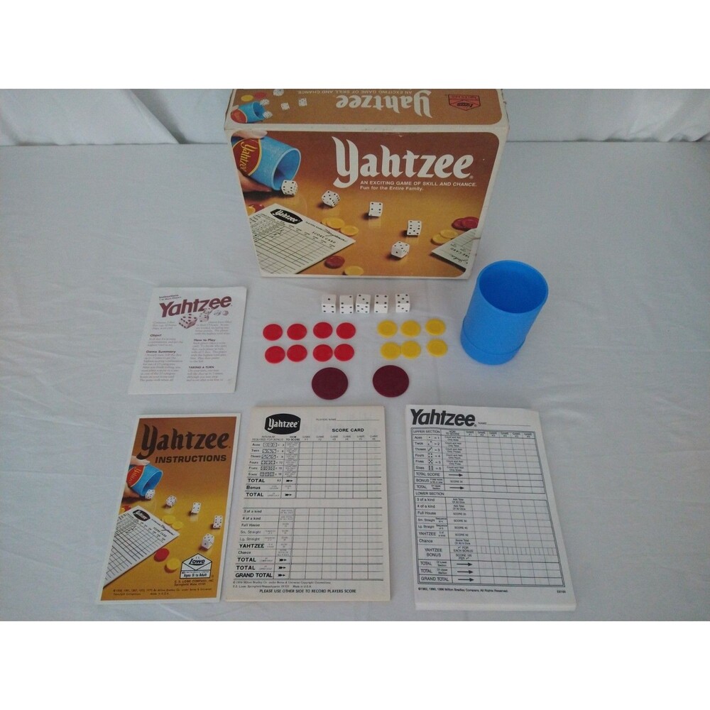 Vintage Yahtzee Game 1978 Lowe Milton Bradley Blue Cup dice chips scoresheets
